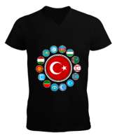 Türkiye,Turan,Göktürk,Azerbaycan,Kazakistan,Türkmenistan,Tacikistan,Özbekistan,Kyrgyzstan. Siyah Erkek Kısa Kol V Yaka Tişört - Tisho
