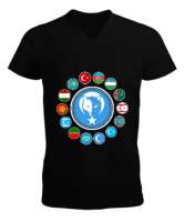 Türkiye,Turan,Göktürk,Azerbaycan,Kazakistan,Türkmenistan,Tacikistan,Özbekistan,Kyrgyzstan. Siyah Erkek Kısa Kol V Yaka Tişört - Tisho