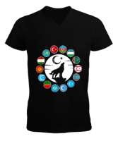 Türkiye,Turan,Göktürk,Azerbaycan,Kazakistan,Türkmenistan,Tacikistan,Özbekistan,Kyrgyzstan. Siyah Erkek Kısa Kol V Yaka Tişört - Tisho