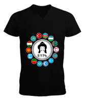 Türkiye,Turan,Göktürk,Azerbaycan,Kazakistan,Türkmenistan,Tacikistan,Özbekistan,Kyrgyzstan. Siyah Erkek Kısa Kol V Yaka Tişört - Tisho