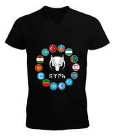 Türkiye,Turan,Göktürk,Azerbaycan,Kazakistan,Türkmenistan,Tacikistan,Özbekistan,Kyrgyzstan. Siyah Erkek Kısa Kol V Yaka Tişört - Tisho