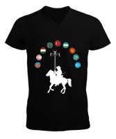 Türkiye,Turan,Göktürk,Azerbaycan,Kazakistan,Türkmenistan,Tacikistan,Özbekistan,Kyrgyzstan. Siyah Erkek Kısa Kol V Yaka Tişört - Tisho