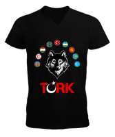 Türkiye,Turan,Göktürk,Azerbaycan,Kazakistan,Türkmenistan,Tacikistan,Özbekistan,Kyrgyzstan. Siyah Erkek Kısa Kol V Yaka Tişört - Tisho