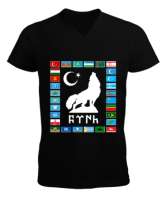 Türkiye,Turan,Göktürk,Azerbaycan,Kazakistan,Türkmenistan,Tacikistan,Özbekistan,Kyrgyzstan. Siyah Erkek Kısa Kol V Yaka Tişört - Tisho