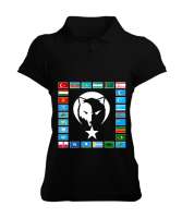 Türkiye,Turan,Göktürk,Azerbaycan,Kazakistan,Türkmenistan,Tacikistan,Özbekistan,Kyrgyzstan. Siyah Kadın Polo Yaka Tişört - Tisho