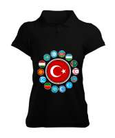 Türkiye,Turan,Göktürk,Azerbaycan,Kazakistan,Türkmenistan,Tacikistan,Özbekistan,Kyrgyzstan. Siyah Kadın Polo Yaka Tişört - Tisho