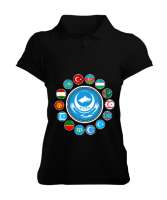 Türkiye,Turan,Göktürk,Azerbaycan,Kazakistan,Türkmenistan,Tacikistan,Özbekistan,Kyrgyzstan. Siyah Kadın Polo Yaka Tişört - Tisho