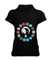 Türkiye,Turan,Göktürk,Azerbaycan,Kazakistan,Türkmenistan,Tacikistan,Özbekistan,Kyrgyzstan. Siyah Kadın Polo Yaka Tişört - Tisho