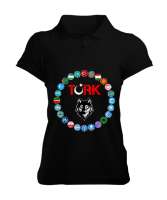 Türkiye,Turan,Göktürk,Azerbaycan,Kazakistan,Türkmenistan,Tacikistan,Özbekistan,Kyrgyzstan. Siyah Kadın Polo Yaka Tişört - Tisho