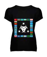 Türkiye,Turan,Göktürk,Azerbaycan,Kazakistan,Türkmenistan,Tacikistan,Özbekistan,Kyrgyzstan. Siyah Kadın V Yaka Tişört - Tisho