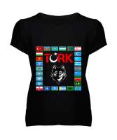 Türkiye,Turan,Göktürk,Azerbaycan,Kazakistan,Türkmenistan,Tacikistan,Özbekistan,Kyrgyzstan. Siyah Kadın V Yaka Tişört - Tisho