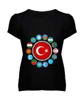 Türkiye,Turan,Göktürk,Azerbaycan,Kazakistan,Türkmenistan,Tacikistan,Özbekistan,Kyrgyzstan. Siyah Kadın V Yaka Tişört - Tisho