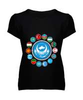 Türkiye,Turan,Göktürk,Azerbaycan,Kazakistan,Türkmenistan,Tacikistan,Özbekistan,Kyrgyzstan. Siyah Kadın V Yaka Tişört - Tisho