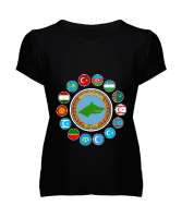 Türkiye,Turan,Göktürk,Azerbaycan,Kazakistan,Türkmenistan,Tacikistan,Özbekistan,Kyrgyzstan. Siyah Kadın V Yaka Tişört - Tisho