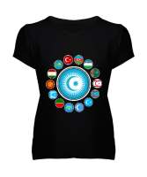 Türkiye,Turan,Göktürk,Azerbaycan,Kazakistan,Türkmenistan,Tacikistan,Özbekistan,Kyrgyzstan. Siyah Kadın V Yaka Tişört - Tisho