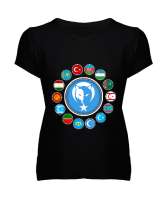 Türkiye,Turan,Göktürk,Azerbaycan,Kazakistan,Türkmenistan,Tacikistan,Özbekistan,Kyrgyzstan. Siyah Kadın V Yaka Tişört - Tisho