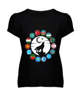 Türkiye,Turan,Göktürk,Azerbaycan,Kazakistan,Türkmenistan,Tacikistan,Özbekistan,Kyrgyzstan. Siyah Kadın V Yaka Tişört - Tisho