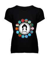 Türkiye,Turan,Göktürk,Azerbaycan,Kazakistan,Türkmenistan,Tacikistan,Özbekistan,Kyrgyzstan. Siyah Kadın V Yaka Tişört - Tisho