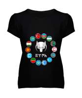 Türkiye,Turan,Göktürk,Azerbaycan,Kazakistan,Türkmenistan,Tacikistan,Özbekistan,Kyrgyzstan. Siyah Kadın V Yaka Tişört - Tisho