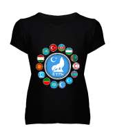 Türkiye,Turan,Göktürk,Azerbaycan,Kazakistan,Türkmenistan,Tacikistan,Özbekistan,Kyrgyzstan. Siyah Kadın V Yaka Tişört - Tisho