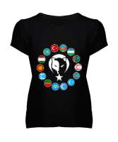 Türkiye,Turan,Göktürk,Azerbaycan,Kazakistan,Türkmenistan,Tacikistan,Özbekistan,Kyrgyzstan. Siyah Kadın V Yaka Tişört - Tisho