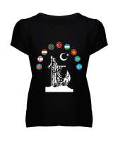 Türkiye,Turan,Göktürk,Azerbaycan,Kazakistan,Türkmenistan,Tacikistan,Özbekistan,Kyrgyzstan. Siyah Kadın V Yaka Tişört - Tisho