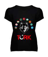 Türkiye,Turan,Göktürk,Azerbaycan,Kazakistan,Türkmenistan,Tacikistan,Özbekistan,Kyrgyzstan. Siyah Kadın V Yaka Tişört - Tisho