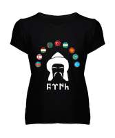 Türkiye,Turan,Göktürk,Azerbaycan,Kazakistan,Türkmenistan,Tacikistan,Özbekistan,Kyrgyzstan. Siyah Kadın V Yaka Tişört - Tisho