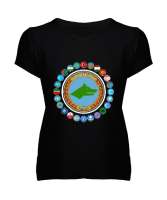 Türkiye,Turan,Göktürk,Azerbaycan,Kazakistan,Türkmenistan,Tacikistan,Özbekistan,Kyrgyzstan. Siyah Kadın V Yaka Tişört - Tisho