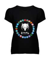 Türkiye,Turan,Göktürk,Azerbaycan,Kazakistan,Türkmenistan,Tacikistan,Özbekistan,Kyrgyzstan. Siyah Kadın V Yaka Tişört - Tisho