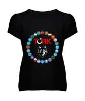 Türkiye,Turan,Göktürk,Azerbaycan,Kazakistan,Türkmenistan,Tacikistan,Özbekistan,Kyrgyzstan. Siyah Kadın V Yaka Tişört - Tisho