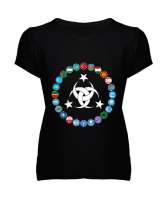 Türkiye,Turan,Göktürk,Azerbaycan,Kazakistan,Türkmenistan,Tacikistan,Özbekistan,Kyrgyzstan. Siyah Kadın V Yaka Tişört - Tisho