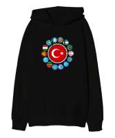 Türkiye,Turan,Göktürk,Azerbaycan,Kazakistan,Türkmenistan,Tacikistan,Özbekistan,Kyrgyzstan. Siyah Oversize Unisex Kapüşonlu Sweatshirt - Tisho