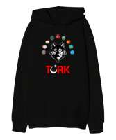 Türkiye,Turan,Göktürk,Azerbaycan,Kazakistan,Türkmenistan,Tacikistan,Özbekistan,Kyrgyzstan. Siyah Oversize Unisex Kapüşonlu Sweatshirt - Tisho