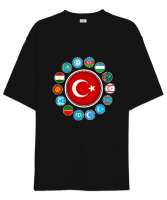 Türkiye,Turan,Göktürk,Azerbaycan,Kazakistan,Türkmenistan,Tacikistan,Özbekistan,Kyrgyzstan. Siyah Oversize Unisex Tişört - Tisho