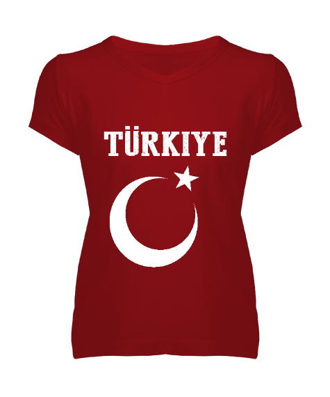 Tisho - Türkiye,Türkiye bayrağı,Hilal ve yıldız. Kadın V Yaka Tişört