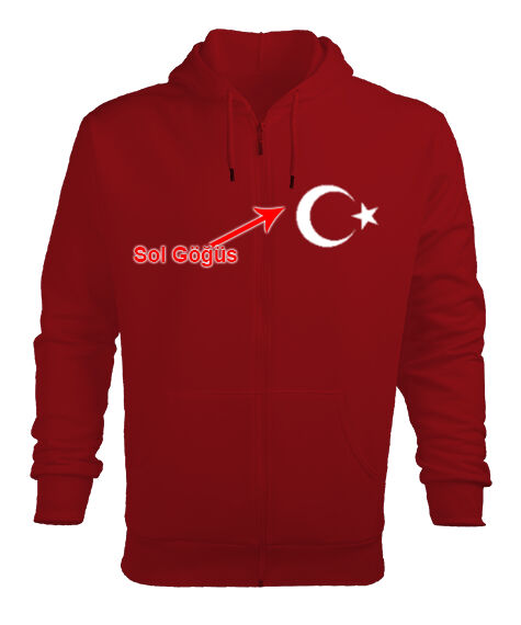 Tisho - Türkiye,Türkiye bayrağı,Hilal ve yıldız. Kırmızı Erkek Kapşonlu Fermuarlı