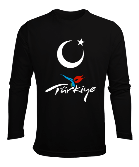 Tisho - Türkiye,Türkiye bayrağı,Hilal ve yıldız. Siyah Erkek Uzun Kol Yazlık Tişört