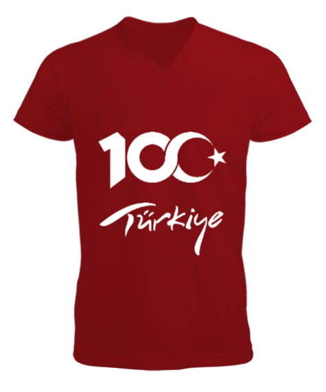 Tisho - Türkiye,Türkiye bayrağı,milli mücadelenin 100. yılı. Kırmızı Erkek Kısa Kol V Yaka Tişört