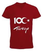 Türkiye,Türkiye bayrağı,milli mücadelenin 100. yılı. Kırmızı Erkek Kısa Kol V Yaka Tişört - Tisho