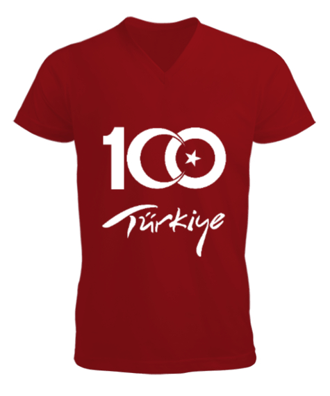 Tisho - Türkiye,Türkiye bayrağı,milli mücadelenin 100. yılı. Kırmızı Erkek Kısa Kol V Yaka Tişört