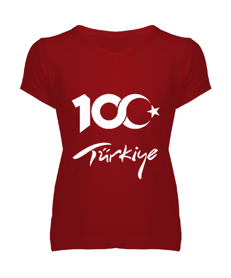 Tisho - Türkiye,Türkiye bayrağı,milli mücadelenin 100. yılı. Kırmızı Kadın V Yaka Tişört