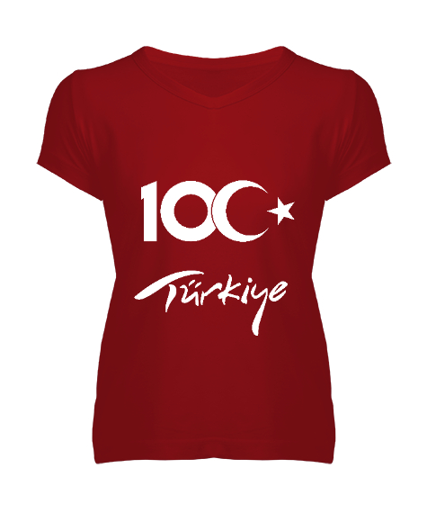 Tisho - Türkiye,Türkiye bayrağı,milli mücadelenin 100. yılı. Kırmızı Kadın V Yaka Tişört