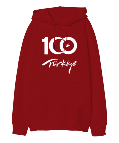 Tisho - Türkiye,Türkiye bayrağı,milli mücadelenin 100. yılı. Kırmızı Oversize Unisex Kapüşonlu Sweatshirt