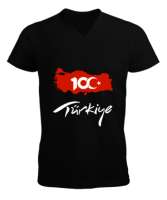 Türkiye,Türkiye bayrağı,milli mücadelenin 100. yılı. Siyah Erkek Kısa Kol V Yaka Tişört - Tisho