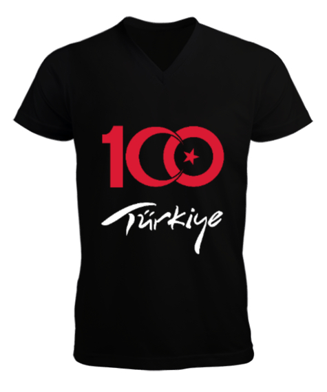 Tisho - Türkiye,Türkiye bayrağı,milli mücadelenin 100. yılı. Siyah Erkek Kısa Kol V Yaka Tişört