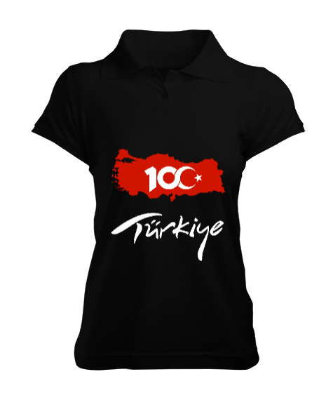 Tisho - Türkiye,Türkiye bayrağı,milli mücadelenin 100. yılı. Siyah Kadın Polo Yaka Tişört