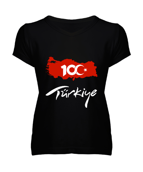 Tisho - Türkiye,Türkiye bayrağı,milli mücadelenin 100. yılı. Siyah Kadın V Yaka Tişört
