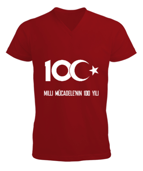 Tisho - Türkiye,Türkiye bayrağı,milli mücadelenin 100.yılı. Kırmızı Erkek Kısa Kol V Yaka Tişört