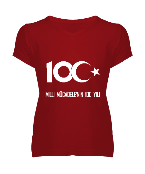 Tisho - Türkiye,Türkiye bayrağı,milli mücadelenin 100.yılı. Kırmızı Kadın V Yaka Tişört
